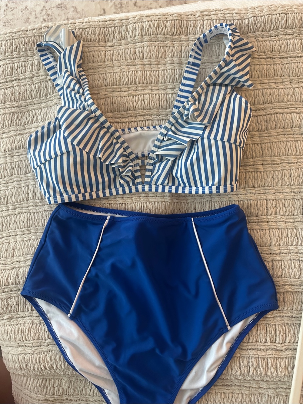Women’s Nautical Striped Ruffle Bikini Top with Royal Blue High-Waist Bottoms